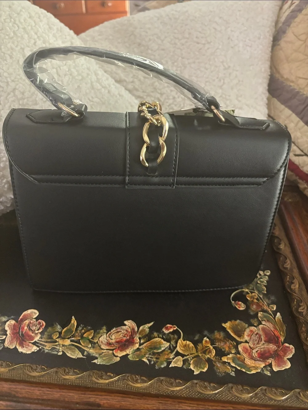 Badgley Mischka Black Vegan Leather Studded Satchel with Gold Hardware